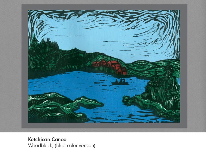 Woodblock of Ketchican Canoe (blue)